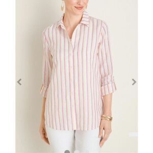 Chico's NO-IRON Linen Metallic Striped Roll-Tab Button Down Shirt Linen 12/14